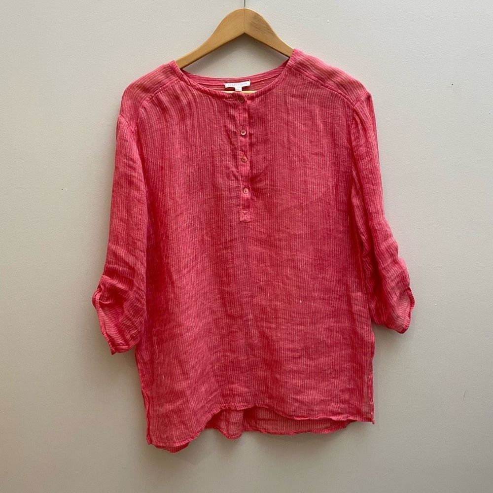 Eileen Fisher Linen Popover Top Womens Size Small Coral Pink Striped - Picture 1 of 12